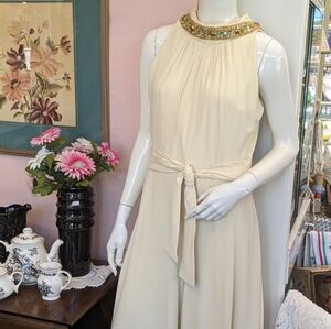 Vintage OOAK Cream Crepe  Palazzo Pant Evening Jumpsuit Jeweled Collar Hand Made